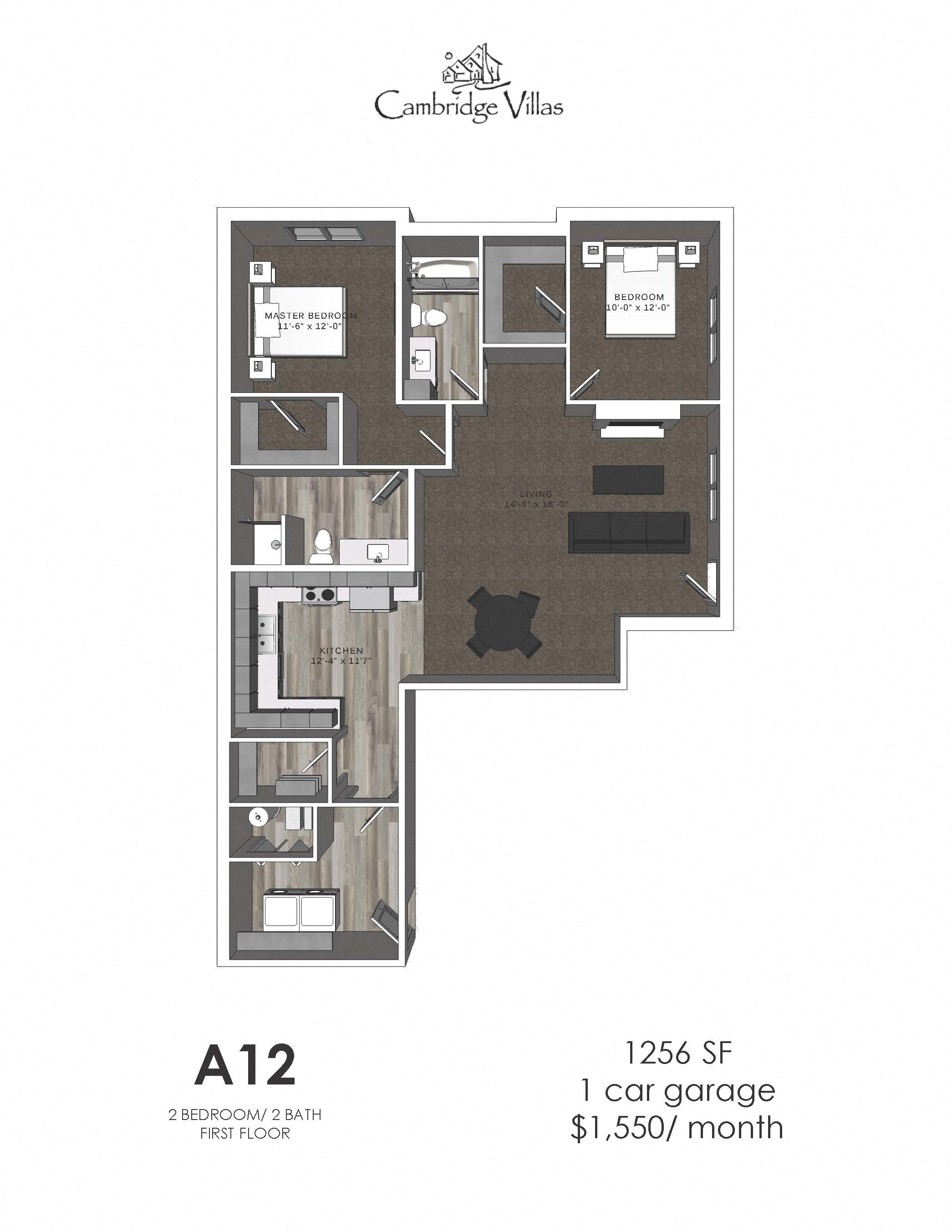 Floor plan for 2 beds, 2 baths, 1256 sqft